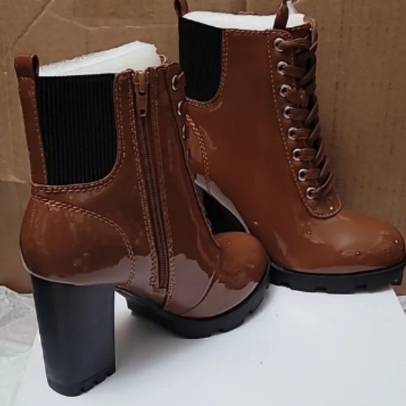 Cognac Patent Leather Zip Lace Up Platform Booties High chunky heel Size 6.5 New - Picture 4 of 7